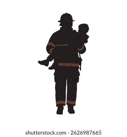 Vector silhouette of a firefighter holding a small child