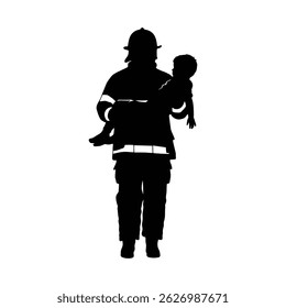 Vector silhouette of a firefighter holding a small child