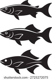 Silueta de Vector de un pez aislado sobre fondo blanco. Icono de animales acuáticos adecuado para mariscos, vida marina, pesca, acuario, logotipo y proyectos de diseño mínimo.