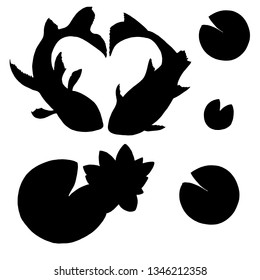 Vector silhouette of fish on white background. Vector card with cute fish. Magic fish poster, greeting card.