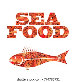 Vector Silhouette of Fish. Seafood Text Isolated on White Background