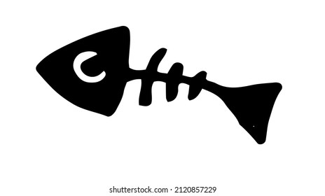 Vector silhouette of a FISH skeleton. doodle-style drawing of a small fish with bones, side view,isolated black outline on white for , children's style of isolated fish for the design template