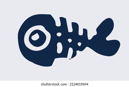 Vector silhouette of a fish skeleton. drawing of a small fish in the style of a doodle with a bonus, side view, isolated dark blue outline on white for, children's style of an isolated fish 