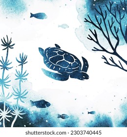 Vector silhouette of fish, turtle and seaweed. Watercolor seascape illustration with splashes. Marine underwater life. Useful for poster, print, banner, card