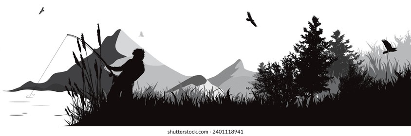 Vector silhouette of a fisherman fishing on a lake in a park with mountains in the background. A symbol of nature and sport.