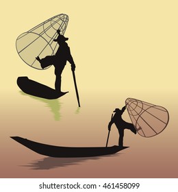 Vector, Silhouette of fisherman at Inle lake shan state Myanmar