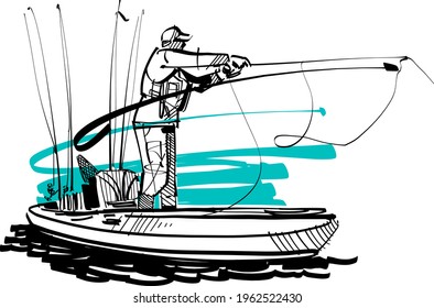 the vector silhouette fisherman on the kayak 