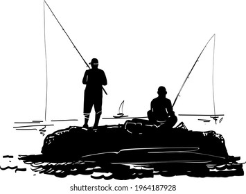 The vector silhouette of the fisherman on the rocks