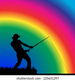 Vector silhouette of fisherman at the pond for rainbows.