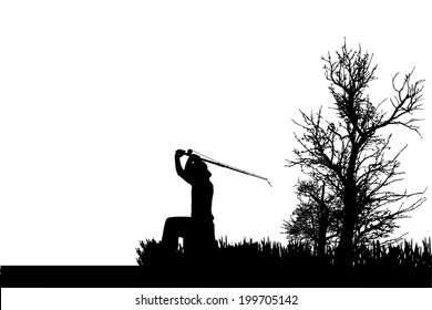 Vector silhouette of fishermen fish at the pond.