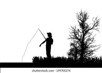 Vector silhouette of fishermen fish at the pond.