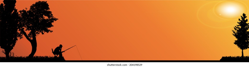 Vector silhouette of fishermen who fish in the lake.