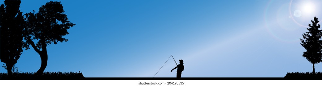 Vector silhouette of fishermen who fish in the lake.