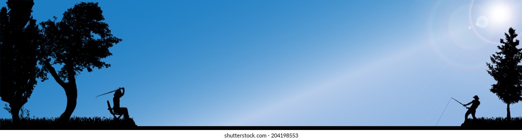 Vector silhouette of fishermen who fish in the lake.
