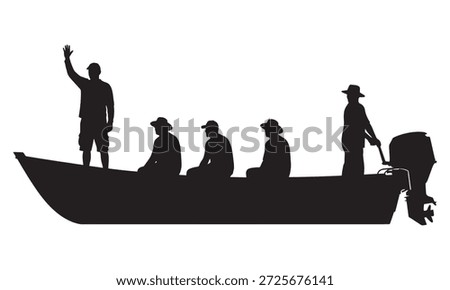 Vector silhouette of five individuals on a motorboat, one person waving goodbye, conveying a sense of departure or farewell, during a serene outdoor excursion on the water.