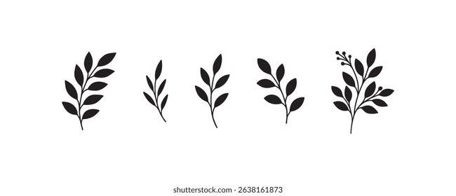 Vector silhouette of five leafy branches in minimal black and white design.