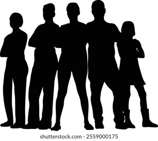 A vector silhouette of five people standing together, showcasing diverse postures and body language. The group includes a mix of adults and children. 