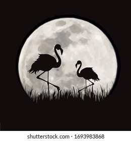 Vektorillustration Silhouette von Flamingo mit Mondhintergrund. Symbol der Nacht.