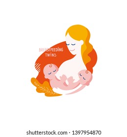 Vector silhouette flat logo breastfeeding twins. Illustration with Mother and newborn babies in on an isolated white background. Concept of support for motherhood and In vitro fertilisation (IVF). 