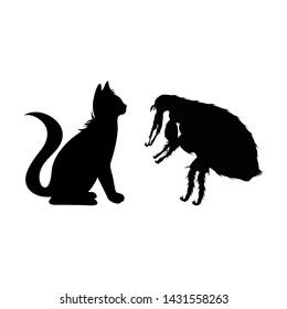 Vector silhouette of flea and cat on a white background. Symbol of parasites.