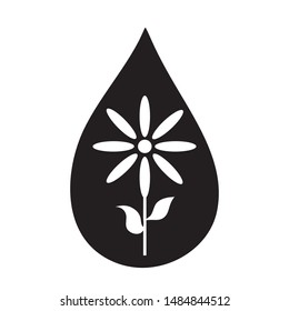 Vector silhouette of flower in drop of water on white background. Symbol of plant, park,safe,environmental, garden.