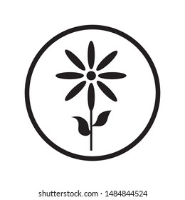 Vector silhouette of flower on white background. Symbol of plant, park, garden. Logo in round frame.
