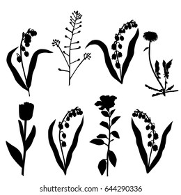 Vector silhouette flowers, rose, tulip, lily of the valley, dandelion, black color, isolated on white background