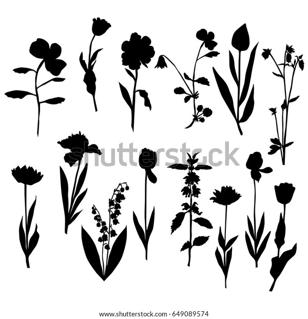 白い背景にベクターシルエット花 バラ チューリップ 谷のユリ タンポポ 黒い色 のベクター画像素材 ロイヤリティフリー