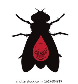 Vector silhouette of fly with skull on white background. Symbol of stop tsetse disease.