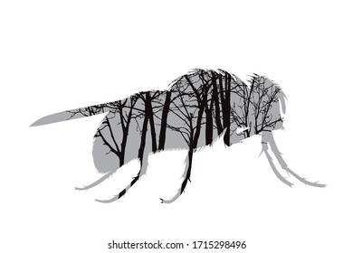 Silueta vectorial de mosca con árboles en el fondo. Símbolo de insecto.