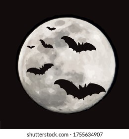 Vector silhouette of flying bat on moon background. Symbol of night creature.