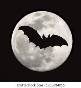 Vector silhouette of flying bat on moon background. Symbol of night creature.
