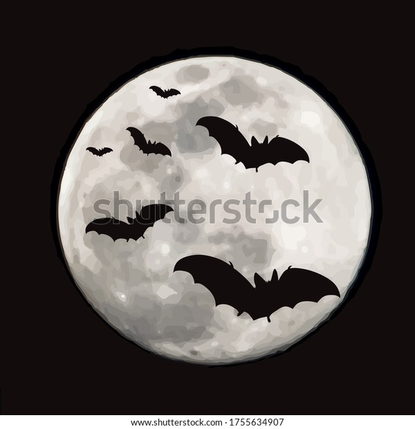Vector silhouette of flying bat on moon\
background. Symbol of night\
creature.