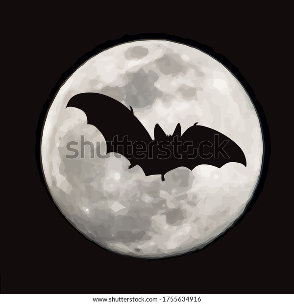 Vector silhouette of flying bat on moon\
background. Symbol of night\
creature.