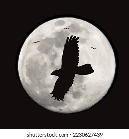 Vector silhouette of flying bird on moon background. Symbol of night and animal.