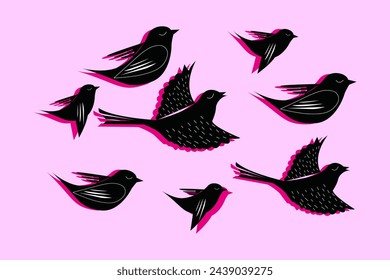 Vector silhouette of flying birds on a pink background, set of flying birds signs