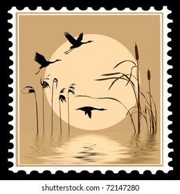 vector silhouette flying birds on postage stamps