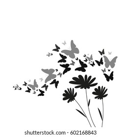 Silueta vectorial de mariposas y flores voladoras