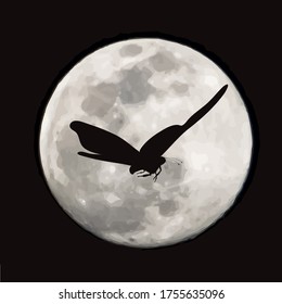 Vector silhouette of flying butterflies on moon background. Symbol of night.