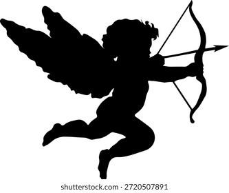 Silueta de Vector de cupido volador disparando una flecha desde un arco, aislado sobre fondo transparente. Símbolo clásico del ángel del amor para el día de San Valentín, romance, bodas y proyectos de diseño romántico.