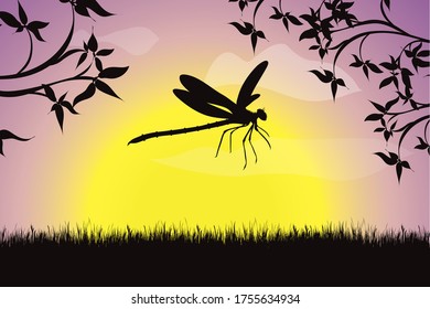 Vector silhouette of flying dragonfly at sunset. Symbol of nature.