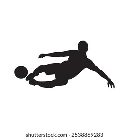  vector silhouette of a flying male Soccer Player kicking the ball, male player icon illustration