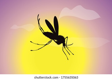 Vector silhouette of flying mosquito at sunset. Symbol of nature.