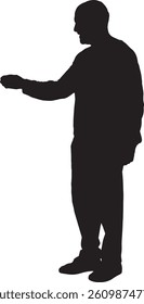  vector; silhouette fMan holding a small object, like a bouquet of flowers, with his hand,