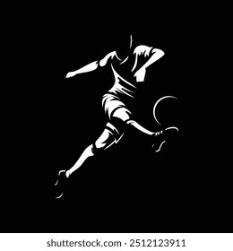 vector silhouette of a football player kicking the ball, vector black and white illustration.