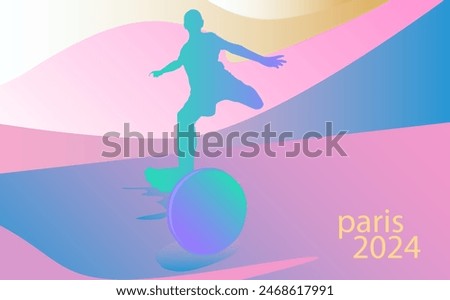 vector silhouette of a football player preparing to kick the ball on the grass field of the tribune stadium clouds pink blue white cream mix gradient color sky