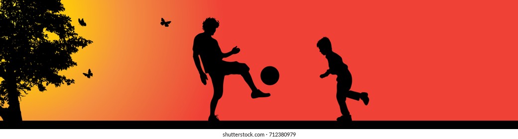 Vector silhouette of footballers in nature at sunset.