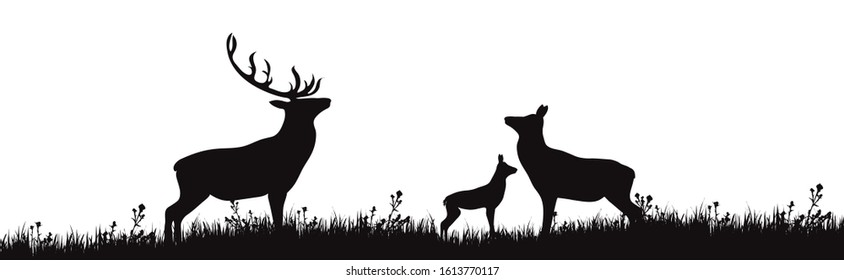 Vector silhouette of forest animals on white background. Symbol of family of deer on the meadow.