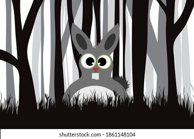 Vector silhouette of forest black and white with hare. Symbol of animal and hunt.