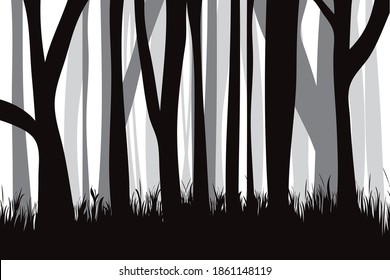 Silueta vectorial de los bosques en blanco y negro. Símbolo de árboles y naturaleza.